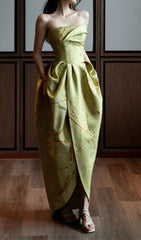 Chic Sage Green Strapless Floral Jacquard Draped Maxi Dress