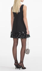 Chic Black Crepe Mini Dress with Sparkling 3D Sequin Hem