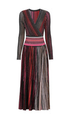 Giada Multi-Color Metallic Stripe V-Neck Long Sleeve Maxi Dress