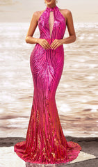 Darien Dazzling Pink Ombre Sequin Halter Mermaid Gown