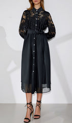 Haidee Chic Black Embroidered Sheer Sleeve Midi Dress