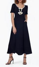 Faizah Sparkling Bow Beaded Midi Dress with Pockets