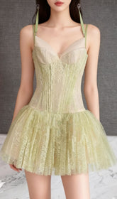 Sage Green Lace Corset Mini Dress with Tulle Skirt
