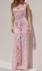 Fusayo Blush Pink Halter Ruched Lace Maxi Dress with Slit
