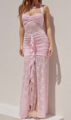 Fusayo Blush Pink Halter Ruched Lace Maxi Dress with Slit