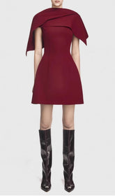 Gainell Sculptural Draped Shoulder Wine Mini Dress