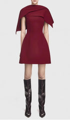 Gainell Sculptural Draped Shoulder Wine Mini Dress