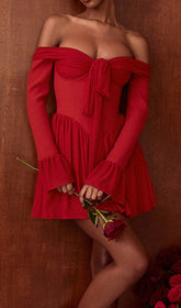 Cale Red Romantic Off-Shoulder Long Sleeve Mini Dress
