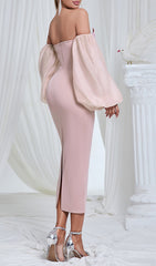 Cyane Blush Pink Off-Shoulder Corset Midi Dress with Puff Sleeves