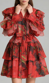 Kabibe Bold Red Floral Ruffle Mini Dress