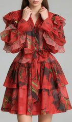 Kabibe Bold Red Floral Ruffle Mini Dress