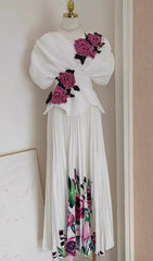 Fran White Floral Appliqu & Pleated Maxi Dress