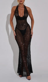 Dazzling Brennen Black Sequin Halter Backless Maxi Dress