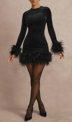 Glamorous Feather Trim Black Velvet Mini Dress