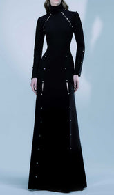 Electa Black Studded High Neck Maxi Dress