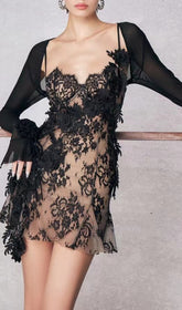 Midnight Bloom Black Floral Lace Mini Dress & Sheer Shrug Set