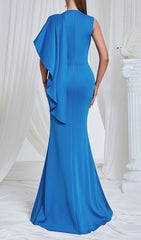 Glamorous Cypria Blue One-Shoulder Pleated Slit Maxi Dress