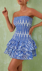 Effortless Blue Broderie Anglaise Strapless Ruffle Mini Dress