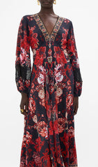 Davood Bohemian Red Floral V-Neck Midi Dress with Lace Cuffs