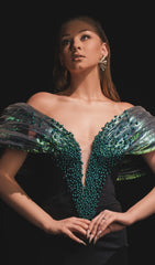 Glamorous Green & Black Bardot Beaded Maxi Gown