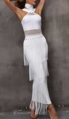 Glamorous White Halterneck Bandage Fringe Midi Dress