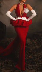 Glamorous Clor Red Halter Maxi Gown with 3D Floral & Peplum Detail