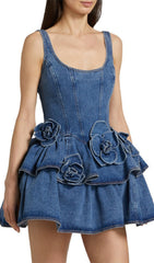 Elly Chic 3D Floral Applique Denim Mini Dress