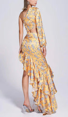Vibrant Yellow Floral One Shoulder Cutout Ruffle Maxi Dress