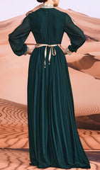 Croia Emerald Green Embroidered V-Neck Pleated Maxi Dress