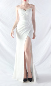 Chizue Elegant White Strapless Corset Maxi Gown with Thigh Slit