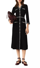 Jemarie Chic Black Knit Pleated Midi Dress with Contrast Trim