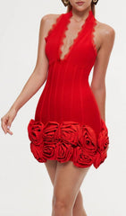 Emanar Red Rose Halterneck Mini Bandage Dress