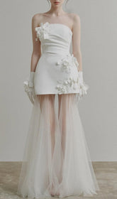 Doli White Strapless 3D Floral Sheer Tulle Statement Gown