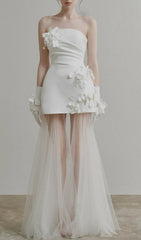 Doli White Strapless 3D Floral Sheer Tulle Statement Gown