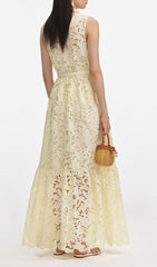 Elegant Lemon Yellow Sleeveless Lace Maxi Shirtdress with Belt