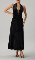 Faro Elegant Black Halterneck Ruched Maxi Dress