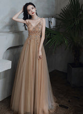 Sexy Champagne Beaded Deep V-neckline Long Party Dress