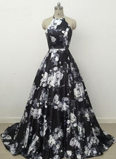 Black Floral Halter Ball Gown Party Dress