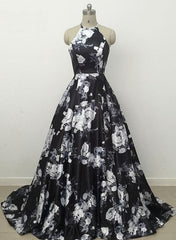 Black Floral Halter Ball Gown Party Dress
