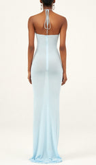 Elegant Sky Blue Floral Halter Maxi Gown