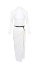 Fedora White Long Sleeve Turtleneck Draped Maxi Dress with Belt