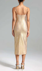 Ivie Gold Shimmer Cutout Embellished Midi Dress