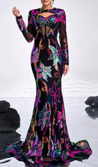 Dazzling Carman Vibrant Floral Sequin Long Sleeve Gown