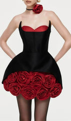 Ildiko Black Strapless Corset Mini Dress with Red Roses