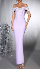 Haf Lavender Embellished Off-Shoulder Maxi Gown