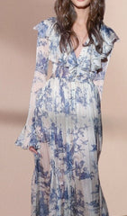 Cosma Romantic Blue Toile Floral Ruffled Maxi Dress