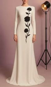 Gagenia Elegant Long Sleeve White Gown with Black Floral Embellishment