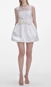 Chic White Beaded Lace & Bow Mini Dress