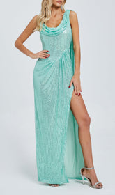 Glamorous Mint Green Sequin Maxi Dress with Draped Cowl Neck & High Slit