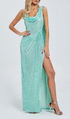 Glamorous Mint Green Sequin Maxi Dress with Draped Cowl Neck & High Slit